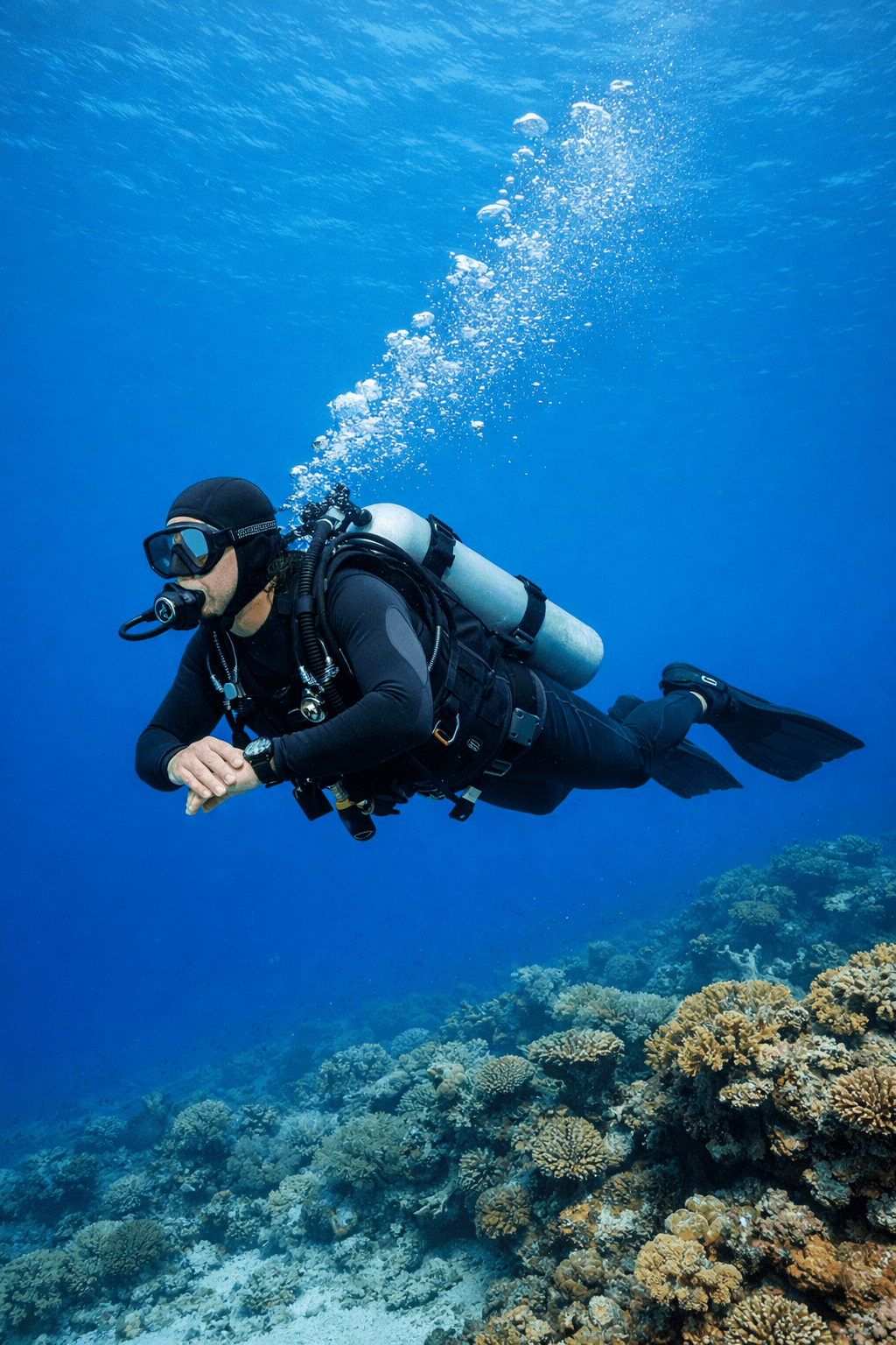 Scuba diver hovering calmly in horizontal trim above a coral reef, with bubbles rising and clear space between the diver and the reef.